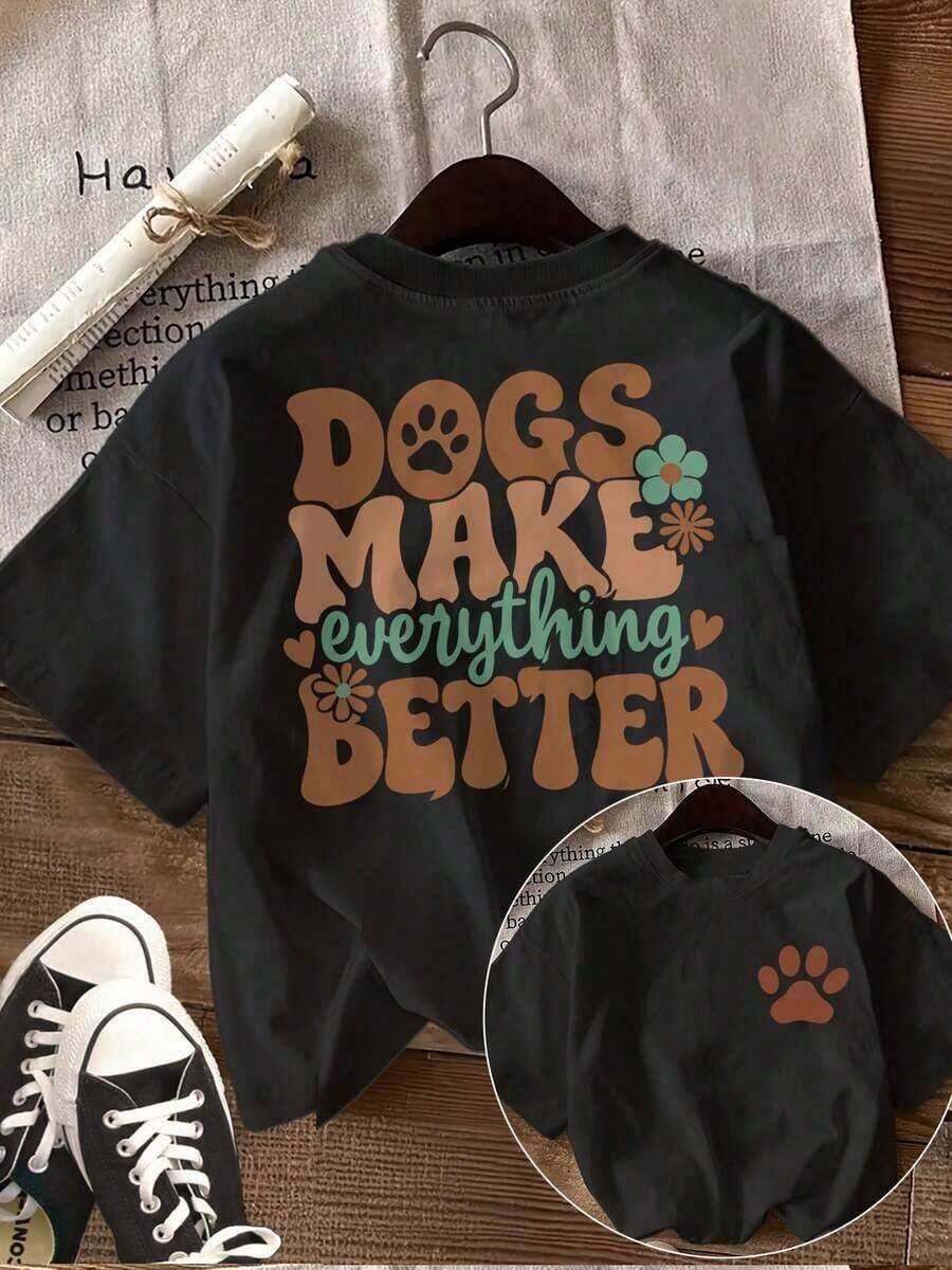 Gift Women's Printed T-Shirt [Double-Sided Design] - Vintage Style With Pet Paw Prints, Flowers And Dogs, Loose Fit, Casual For Everyday Wear, Crew Neck, Short Sleeve - Unisex Cotton Short Sleeve Crew Neck T-Shirt, Urban Vintage Style Soft - 黑色 - 查看 1