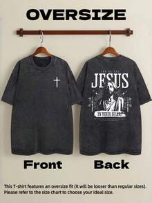 Camiseta Unisex Vintage Lavada Oversize Negra Manga Corta Gráfica Hombres Mujeres Ropa Jesús En Tu Corazón Cruz Serie Religiosa Cristiana Camiseta Vintage Lavada Hombres Mujeres Gótica Rock Oversize Manga Corta Hip Hop Streetwear-Vintage Street Style Unisex Loose Cotton Short Sleeve Crew Neck T-Shirt - Negro - Ver 5