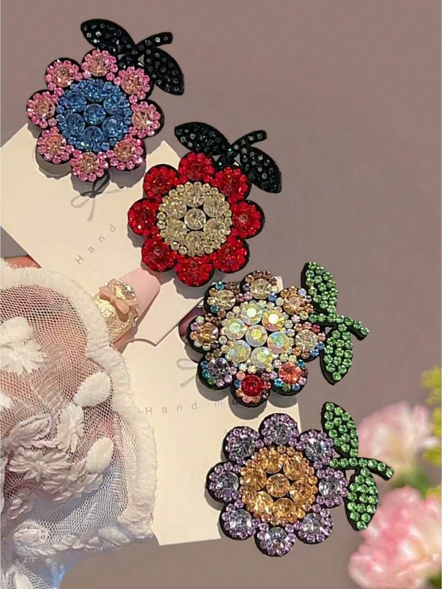 4pcs Shiny Crystal Flower Hair Clips For Teenage Girls, Crystal Inlaid Flower & Leaf Decor Hair Accessories, Sweet & Fashionable For Party And Daily Wear - Multicolor - View 1