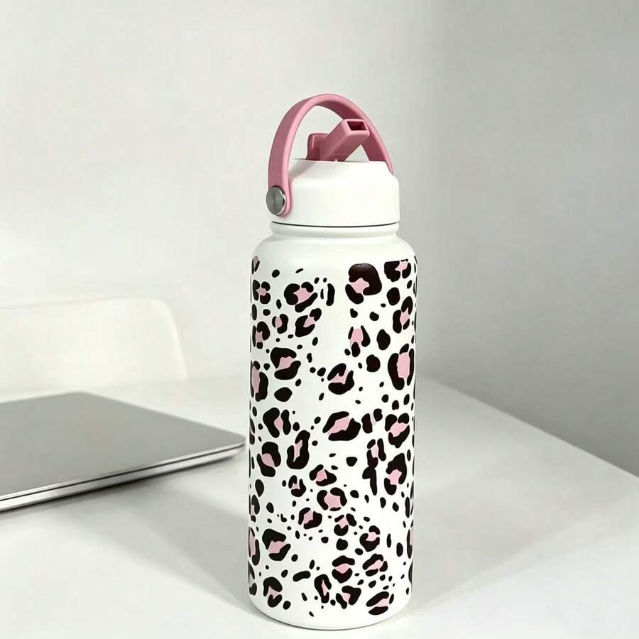 1 pieza Botella de agua de acero inoxidable aislada al vacío de 32 onzas, con estampado de leopardo, a prueba de fugas, conveniente para el gimnasio, deportes, viajes y uso al aire libre - Multicolor - Ver 1
