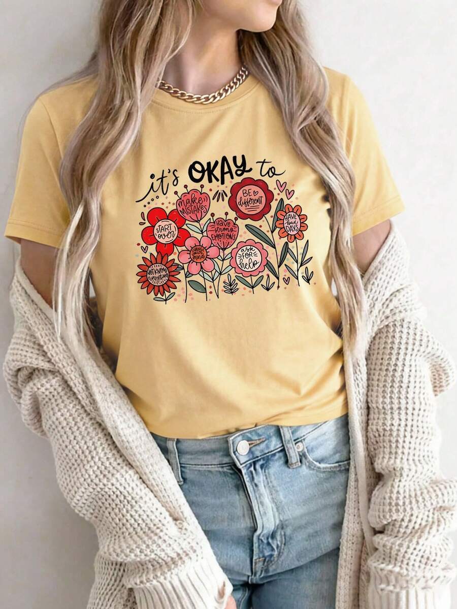 Camiseta oversize amarilla de verano para mujer con estampado de ramo de flores y setas Playera holgada de cuello redondo con diseño de flores silvestres y setas, estilo bohemio - YH417-Amarillo - Ver 1
