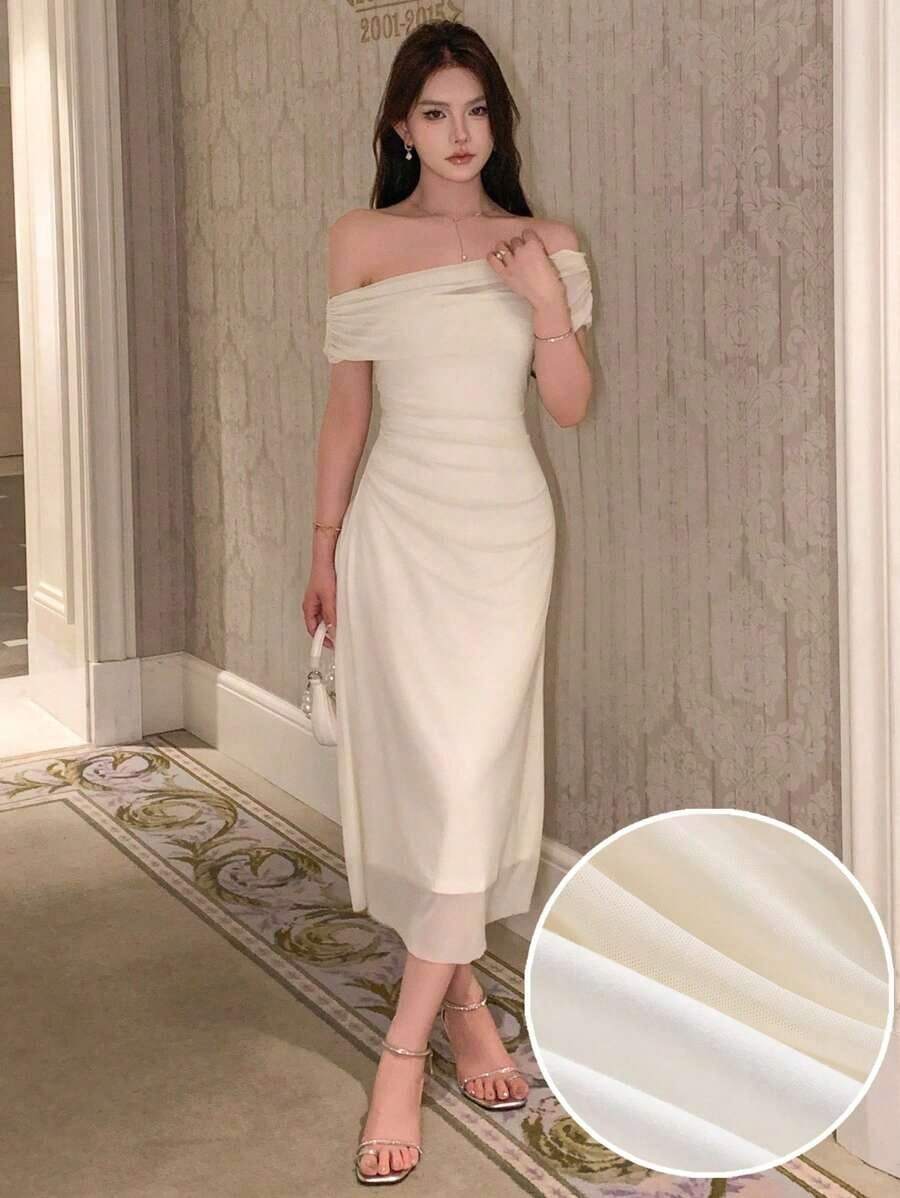 Vestido de hombros abiertos de unicolor, vestido de fiesta elegante para cumpleaños, Año Nuevo, baile de graduación, vestido de cóctel de hombros descubiertos de largo maxi - Beis - Ver 1