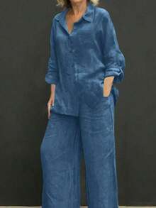 Cardigan casual con cuello polo ligero, blusa elegante de unicolor versátil adecuada para la playa, el diario, el trabajo, las compras, de tela suave, pantalones sueltos con cintura elástica, conjunto de 2 piezas, primavera/verano/otoño - Azul - Ver 8