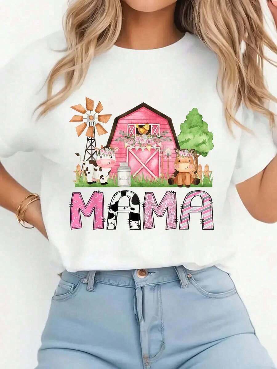 Camia Familiar a Juego con Estampado Gráfico de Animales de Granja Rosa "Feliz Pascua, Mamá", Camia Sólida de Manga Corta Casual para Mujer para Primavera y Verano, Camias Gráficas para Mujer Transpirables y Cómodas - Blanco - Ver 1