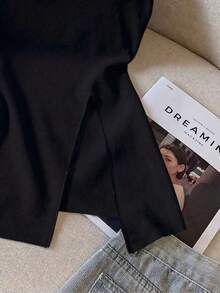 Nueva Moda Primavera/Verano Sexy Blusa Bandeau con Abertura, Cintura Suave Fruncida y Estampado de Lunares Blancos - Negro - Ver 3
