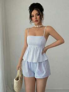Camiseta sin espalda de lino con cuello en V profundo a rayas azul y blanco, de cintura baja con cordón, suelta y casual, corta, sexy, linda y elegante, romántica para el verano para mujeres, diseño con lazo sin espalda, conjunto de vacaciones de - Azul - Ver 3