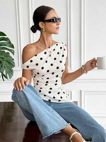 Camiseta de mujer casual con estampado de lunares asimétrica en los hombros, para verano - Multicolor - Ver 6
