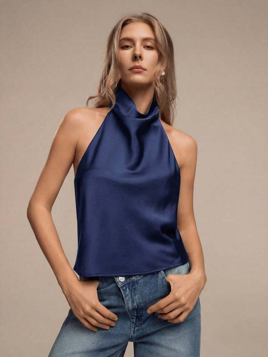 Blusa de mujer de unicolor y sexy con escote halter y espalda descubierta, adecuada para citas y fiestas en verano, color negro - Azul marino - Ver 1
