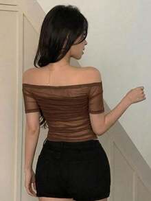 Blusa elástica de malla transparente con hombros descubiertos, para primavera/verano - Marrón 2 - Ver 3