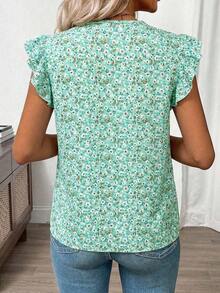 Clasi Blusa de mujer de verano con cuello en V y mangas cortas con estampado floral - verde menta - Ver 3