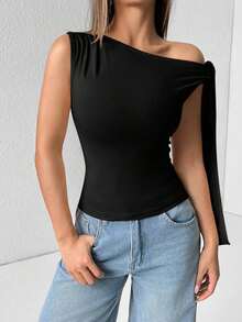 Camiseta de tirantes de unicolor informal con cuello de halter y lazada para el verano - Negro - Ver 3