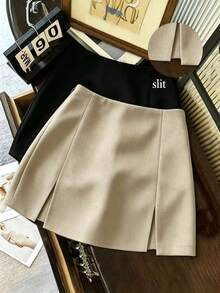 Falda casual versátil de cintura baja con abertura, falda gris, falda A-line de doble capa con bajo con abertura, falda casual de mujer, mini falda, falda corta ajustada de cintura alta con abertura, falda casual versátil para uso diario, r - Caqui - Ver 4