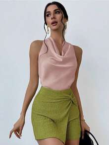 1 pieza Blusa de mujer con cuello de lazo en color albaricoque, minimalista y elegante, top sin mangas - Rosa - Ver 5
