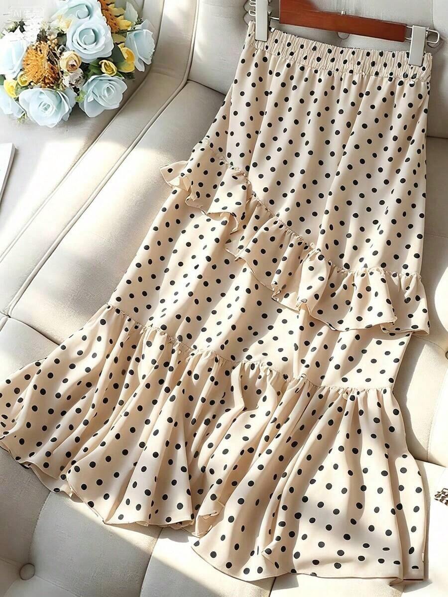 Falda de mujer elegante con pliegues y lunares - Albaricoque - Ver 1
