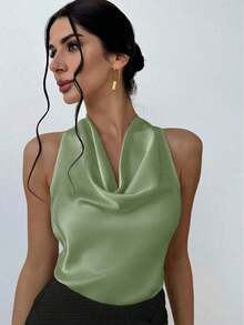 1 pieza Blusa de mujer con cuello de lazo en color albaricoque, minimalista y elegante, top sin mangas - verde menta - Ver 8