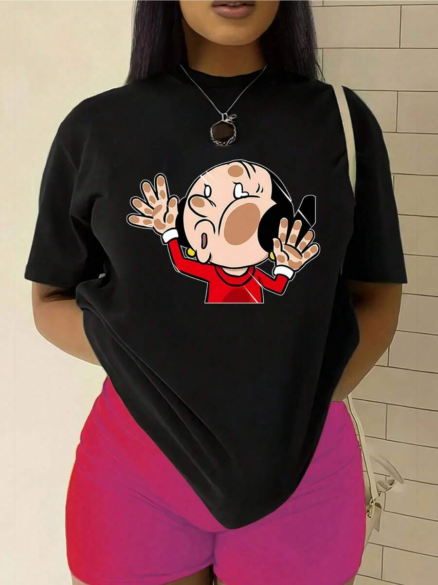 Women's Fashionable T-Shirt, Featuring The "Mighty Man From And " Pattern Print, Made Of 100% Pure Cotton With A Round Neck And Short Sleeves. It Is Comfortable And Breathable, Casual And Elegant, A Must-Have For Summer. - 黑色 - 查看 1