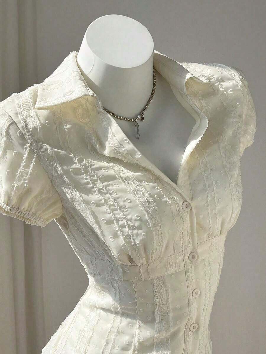 Camisa de mujer con cuello en V, cintura fruncida y manga corta, color blanco, para primavera/verano - Blanco 2 - Ver 1