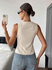 Camisas sin mangas de unicolor de tela texturizada con abotonadura, para verano - Albaricoque - Ver 2