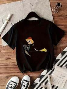 Y2K Women's Elegant Style T-Shirt With Witch Print, Short Sleeve, Round Neck, Casual Top For All Seasons | Fashionable Casual Wear |  Letter Print - 黑色 - 查看 3