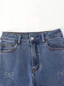 Explorewe Jeans de mezclilla estilo Y2K versátiles lavados y desgastados con pierna acampanada y elásticos para niñas adolescentes - Lavado ligero - Ver 5