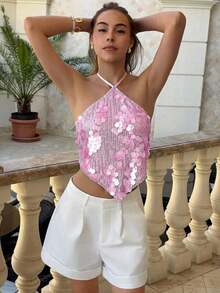 Top halter con espalda descubierta y lentejuelas sexy para mujer, atuendos de verano, ropa de verano, atuendos de playa para mujer, atuendos de vacaciones, atuendos bohemios tropicales de vacaciones, ropa de mujer, atuendos de concierto, atuendos de rave de mujer, atuendos de festival, atuendos de concierto country, atuendos de Ibiza, atuendos de Nashville, ropa occidental para mujer, ropa occidental bohemia, streetwear tropical, gyaru occidental, tops de verano lindos - Rosa 2 - Ver 6