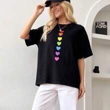 Camiseta de mujer estilo europeo y americano, nueva colección de verano 2026, juvenil, de algodón puro, con estampado de dibujos animados, holgada, versátil, retro y casual. - Negro - Ver 2