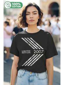 Camiseta Vintage de Gran Tamaño para Mujer, Edición Limitada del 18º Aniversario de 2007 - Con Estampado Gráfico, Corte Holgado Casual, Cuello Redondo, Diseño del Año 2007 para Ropa Casual y Celebración de Aniversario, Para Todas las Temporadas (Estilo Unisex para Hombres y Mujeres) - Negro - Ver 2