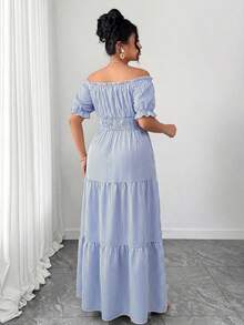 Vestido casual elegante de talla grande para mujer de primavera/verano, en azul sólido de aspecto de mezclilla con cintura fruncida y con abertura lateral - Azul - Ver 2