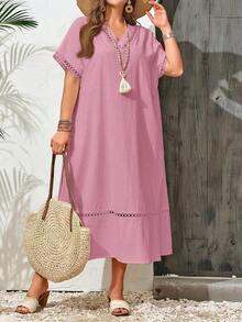 Vestido casual holgado de unicolor con cuello en V y mangas cortas para mujer de talla grande - Rosa - Ver 6