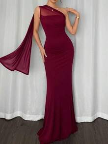Vestido maxi ajustado de estilo elegante y romántico con cuello asimétrico, adecuado para fiesta, vacaciones en la playa, vuelta al colegio, citas románticas, temporada de bodas, cumpleaños, Pascua, primavera/verano - Burdeos - Ver 2