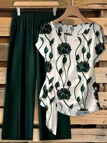 Conjunto de 2 piezas de blusa con lazo y pantalones rectos para mujer, informal - Multicolor 6 - Ver 1