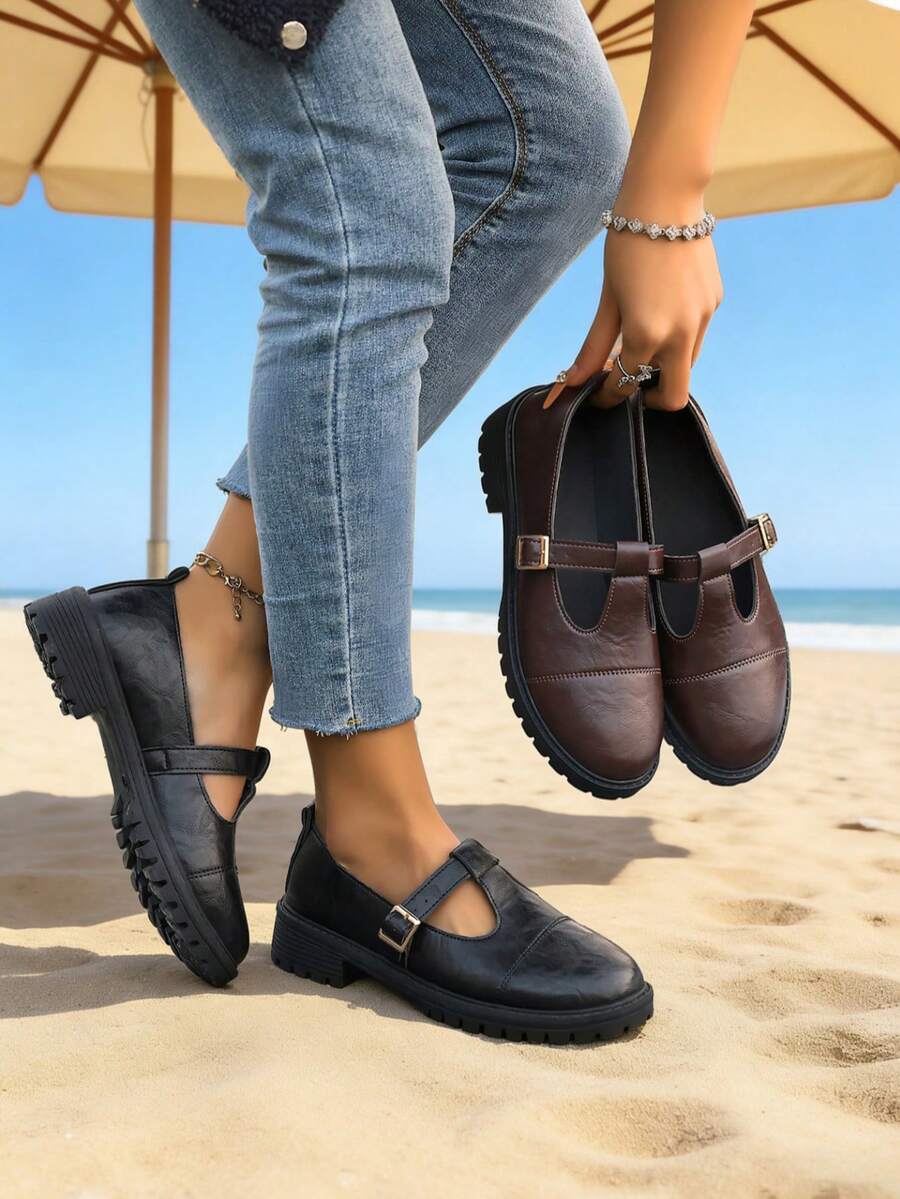 Vintage Round Toe British Style Leather Shoes For Women, T-Strap Loafers, Japanese School Style Shoes, Thick Heel Commuting Daily Comfortable Adjustable Slip-On Shoes - Black - View 1