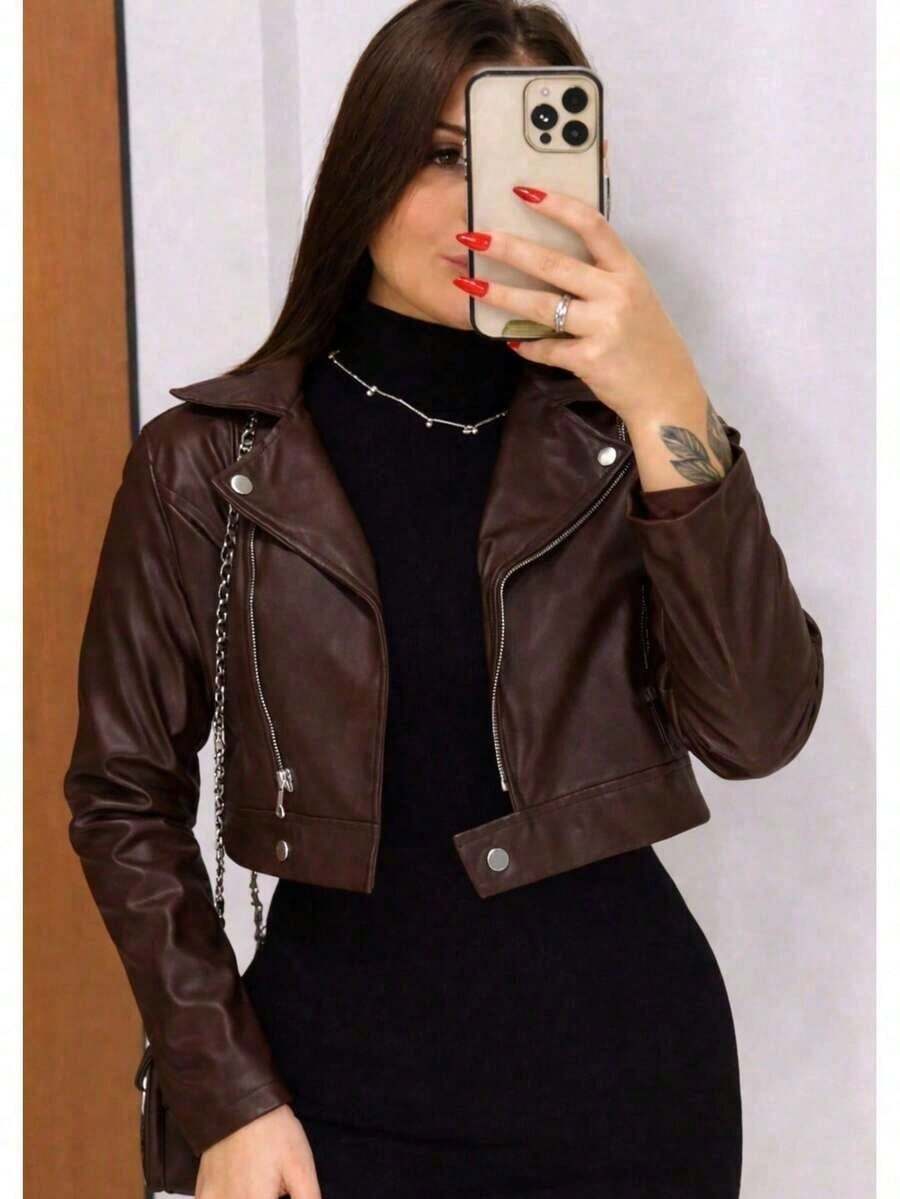 Women's Faux Leather Jacket With Zipper And Buttons – Modern And Elegant, São João 2026 Fashion - POWERFUL LOOK - 鏽棕色 - 查看 1