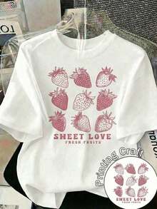 Camiseta Casual de Mujer con Estampado de Fresas, Camiseta de Manga Corta con Cuello Redondo y Estampado de Frutas Frescas, Top Regular de Poliéster con Ligera Elasticidad - Blanco - Ver 1