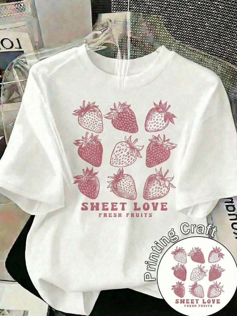 Camiseta Casual de Mujer con Estampado de Fresas, Camiseta de Manga Corta con Cuello Redondo y Estampado de Frutas Frescas, Top Regular de Poliéster con Ligera Elasticidad - Blanco - Ver 1
