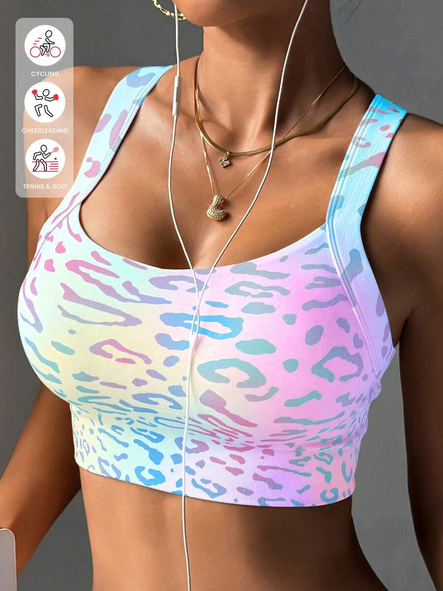 Dreamy Rainbow Leopard Print Criss-Cross Sports Bra, Sweet And Stylish, Supportive, Suitable For Fitness And Casual Wear, Gradient Color With Niche Design - Multicolor - View 1