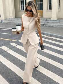 Set de 2 piezas de traje casual de mujer con chaleco de un solo botonadura y pantalones de unicolor - Albaricoque - Ver 9