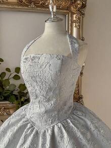Vestido elegante, romántico y de moda de tela jacquard burdeos con escote halter, espalda descubierta y manga larga en corte evasé, adecuado para ceremonia de graduación, apertura de escuela, festival de música, fiesta de cumpleaños, boda, té de la tarde, baile de graduación - Blanco - Ver 5