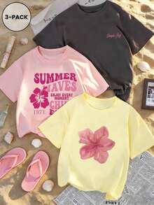 Set de 3 camisetas de manga corta con cuello redondo y estampado floral minimalista y elegante de verano, versátil para uso diario y casual para mujeres en color rosa - Gris Oscuro - Ver 1