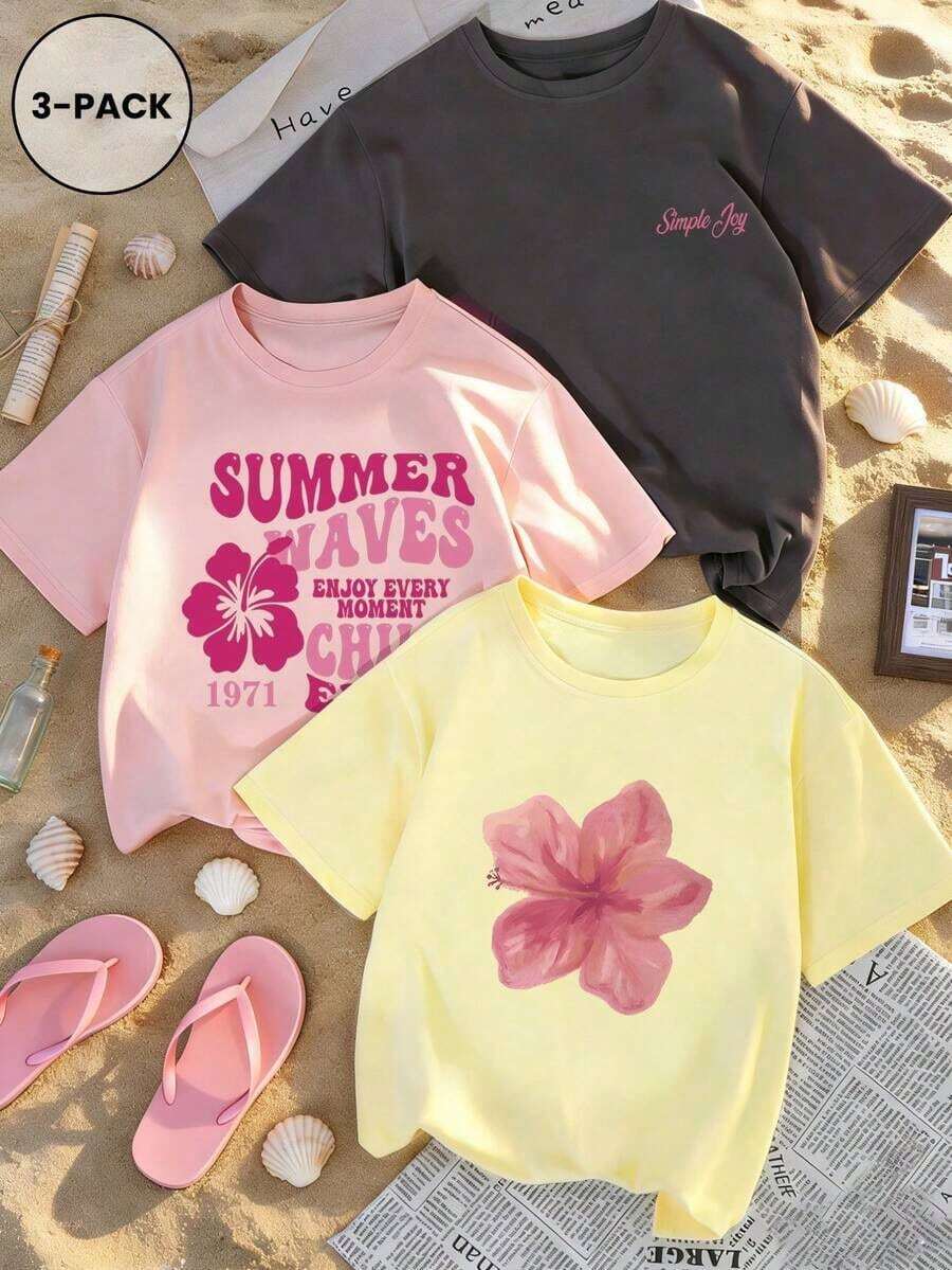 Set de 3 camisetas de manga corta con cuello redondo y estampado floral minimalista y elegante de verano, versátil para uso diario y casual para mujeres en color rosa - Gris Oscuro - Ver 1