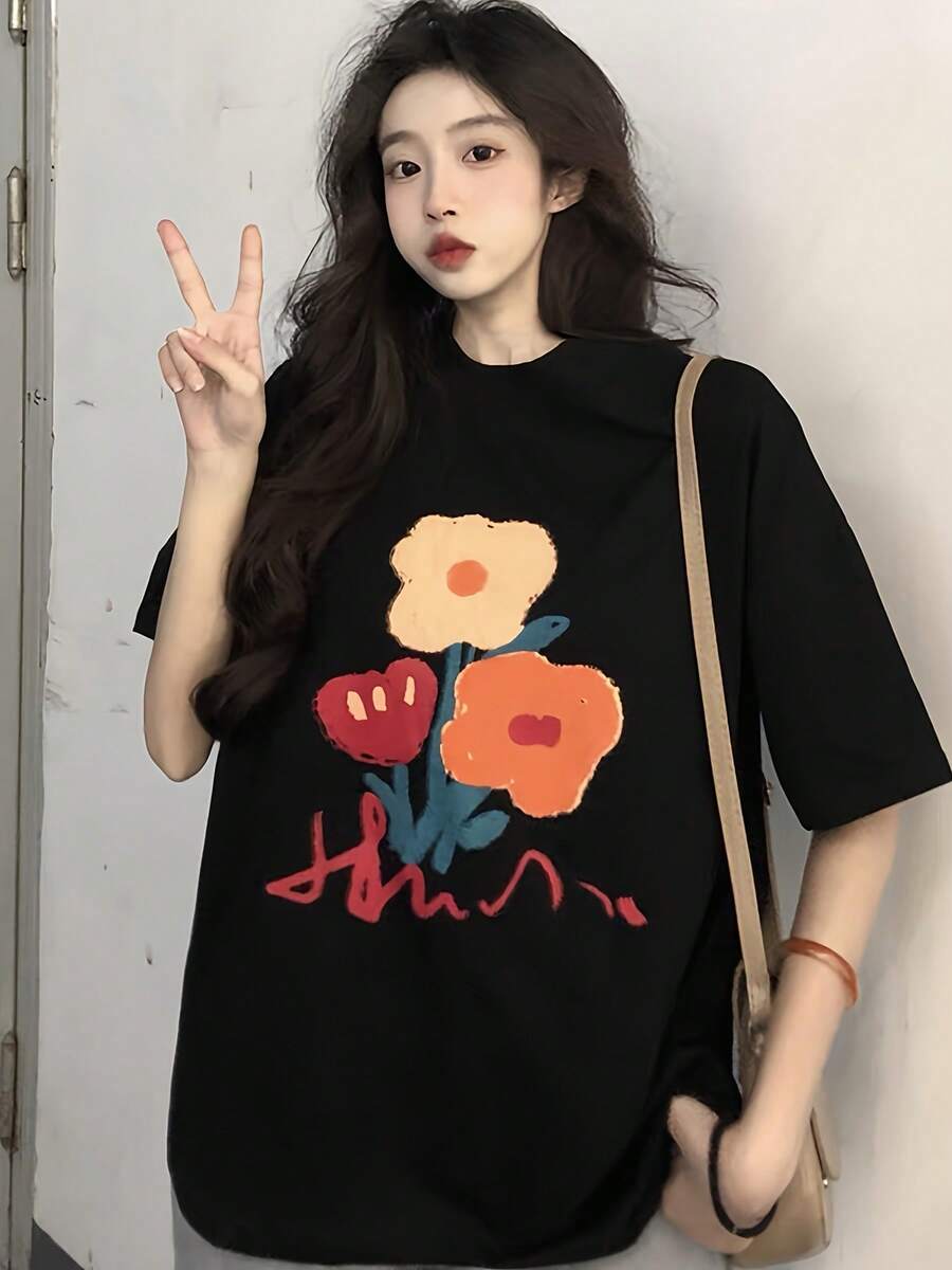 Soft Fabric T-Shirt Korean Chic Style Harajuku Style, Rejuvenating, Short Sleeve, For Women, Summer Floral Print, Modern, Loose Fit, Versatile, Exclusive Design, Fashion T-Shirt. - 黑色 - 查看 1