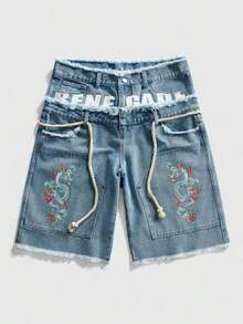 ROMWE MEN Street Life Pantalones cortos de mezclilla con doble cintura y bordado para hombres - Celeste 5 - Ver 6