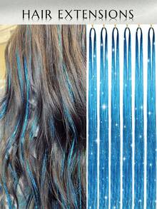 Bộ dụng cụ tóc giả lấp lánh JUNHENG Fairy Hair Tinsel Kit - 5 màu, 48 inch (khoảng 120cm) dành cho cả nam và nữ, bao gồm phụ kiện. - Màu xanh lam - Xem 1