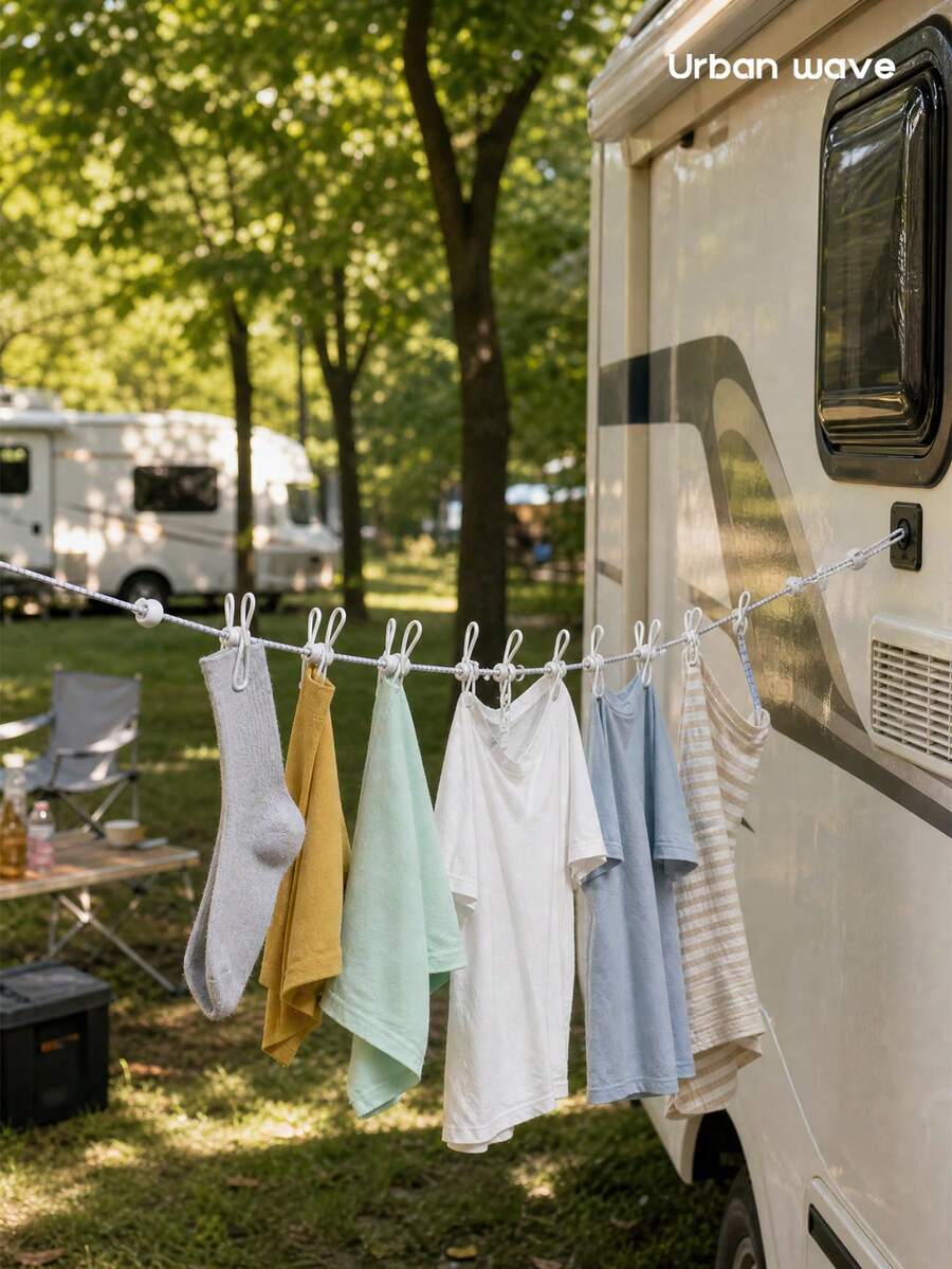 URBANWAVE Corde à linge portable d'extérieur avec 12 pinces, convient pour le camping, la randonnée et autres activités de plein air, corde de séchage résistante au vent et antidérapante, peut être utilisée dans les hôtels, à l'intérieur, les dortoirs, sans perçage requis pour la fixation murale, accessoire de voyage discret, facile à utiliser - 12 clips - Voir 1
