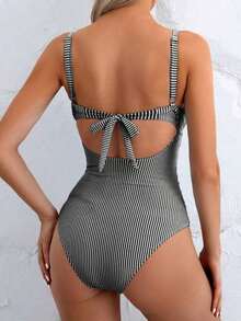Traje de baño de una pieza sexy para mujer con rayas, escote delantero hueco y cordones en la espalda, para el verano - Negro 2 - Ver 2