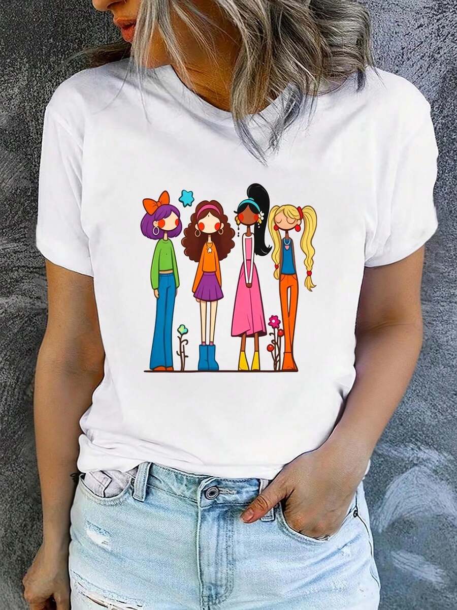 Camiseta de verano para mujer, de manga corta y estampada, moderna y casual, lavable a máquina, ajuste cómodo, estampado plano 2D. - Blanco_08 - Ver 1