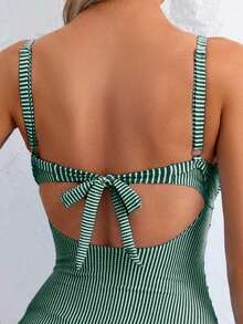 Traje de baño de una pieza sexy para mujer con rayas, encaje cruzado en la espalda - Verde Oscuro - Ver 5