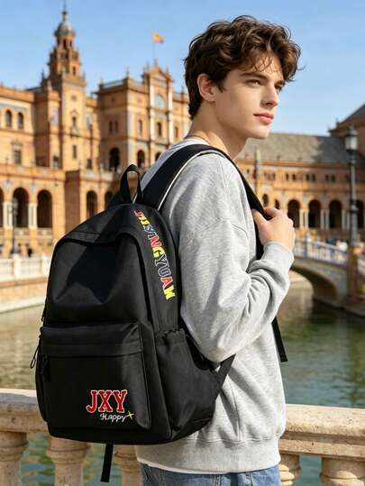 Mochila con bordado de letra, mochila escolar casual y versátil de gran capacidad, bolso de viaje y portátil de estilo streetwear duradero para hombres
