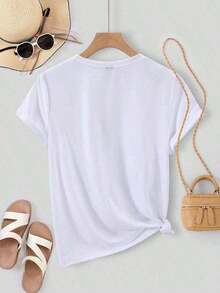 Camiseta de cuello redondo para mujer con estampado de pan y letras, estilo sencillo y elegante.Suitable for spring, summer and autumnmaija - Blanco - Ver 4