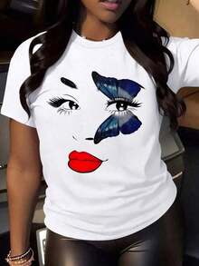Camiseta de Mujer con Diseño de Mariposa/Enigmática/Artística/Estilo Relajado/Cuello Redondo/Mangas Cortas/ Material/Airado/Disponible en Varios Tamaños/Ropa de Verano para Mujer - Blanco - Ver 1